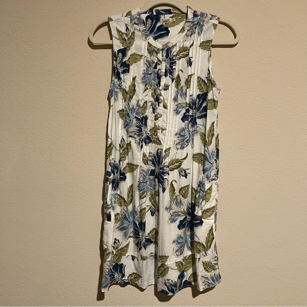 Faherty Isha Linen Blue Green Hawaiian Floral Art Relaxed Everyday Dress Size XS